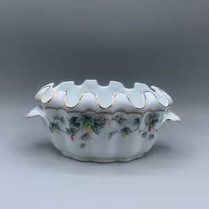 Burton & Burton Porcelain Oval Ruffled Bowl Grape Vine Motif Gold Gilding Trim